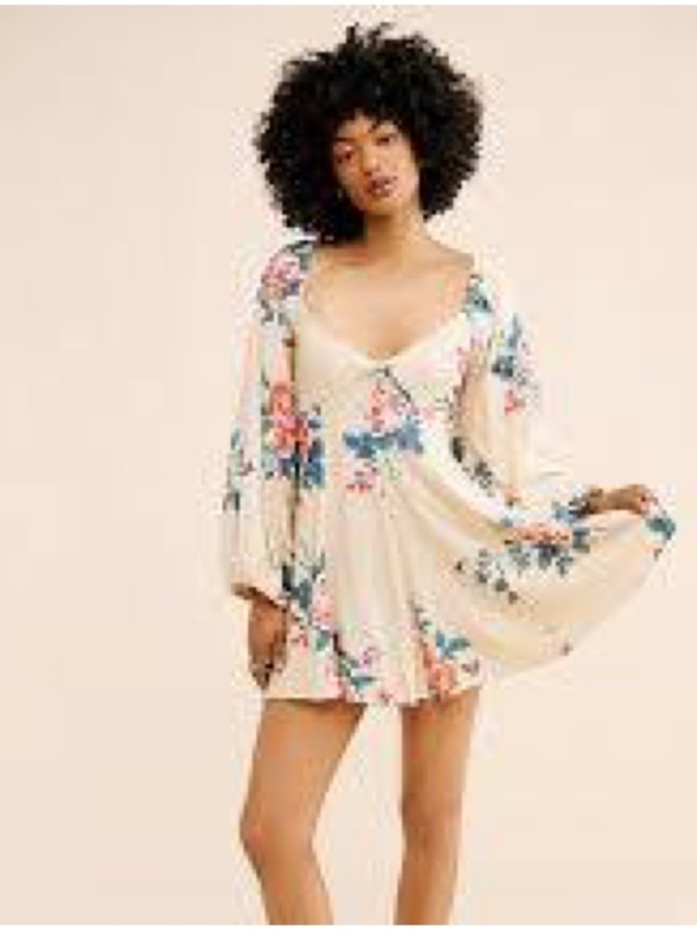 Free People Francesca Cream Floral Mini Dress Smocked Back Balloon Sleeve size S
